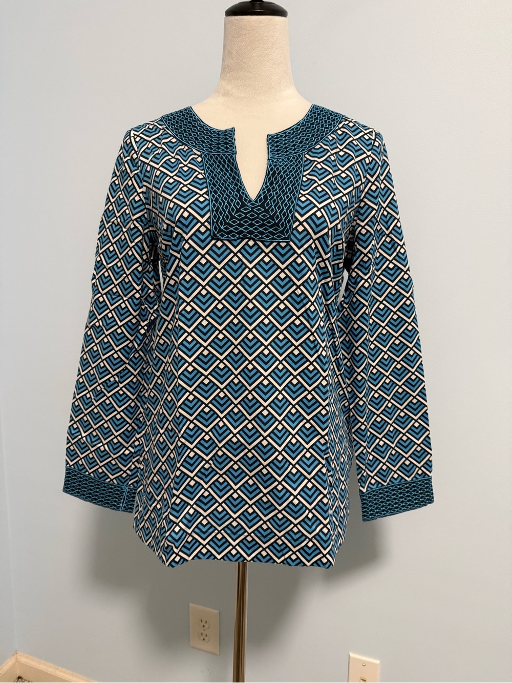Vineyard Vines Block island Tunic Blue White Geometric Embroidered Trim Size‎ S